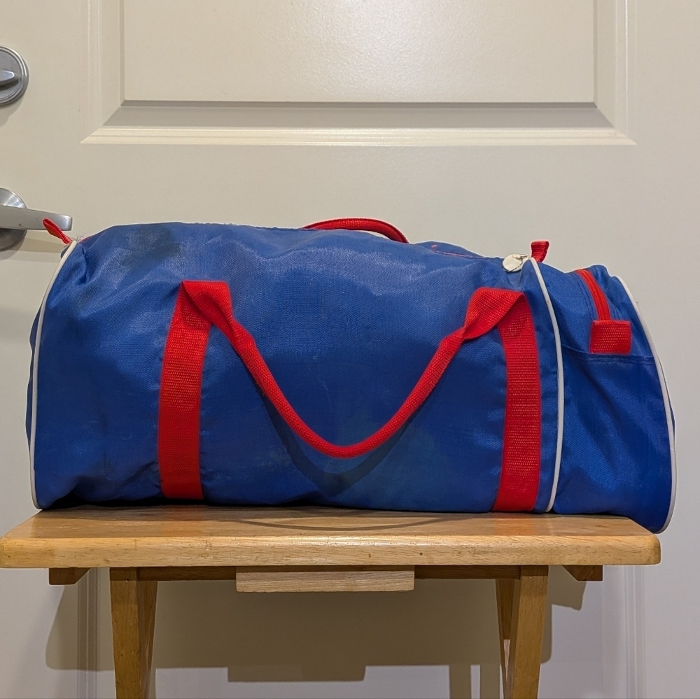 Rad 90s Flomo Cartoon Dog Red and Blue Duffel Bag - Picture 4 of 9